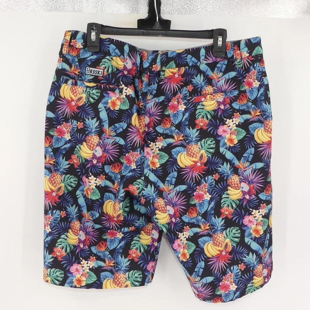 Hreski Shorts Mens Large 36 Multicolor Tropical Fruit‎ Floral Polyester Stretch